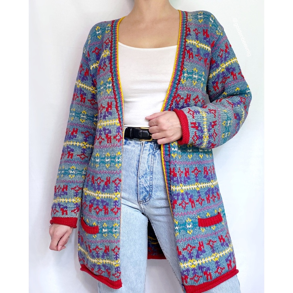 Vintage Oversized Retro Geometric Printed Longline Knit Cardigan